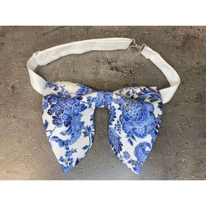Oversized Blue/White Floral Bow tie‎ Vintage style 70s Wedding Prom Gift for Him